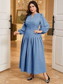 Modelyn Vestido plisado de manga farol de unicolor elegante para fiesta de talla grande - Azul - Ver 5