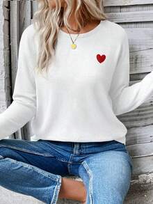 EMERY ROSE Nueva camiseta de manga larga con cuello redondo y estampado de corazón para mujer de talla grande - Blanco - Ver 4