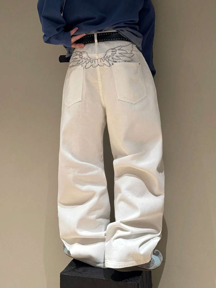 STEELVANCE 男士街头风简约时尚翅膀刺绣百搭阔腿牛仔裤 - 白色 - 查看 1