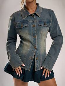 Avantive Women's Vintage Blue Long Sleeve Button Front Casual Denim Jacket - Medium Wash - View 9