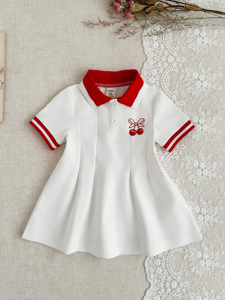 SHEIN 1pc Infant Girls' White Casual Dress, Ribbed Collar & Cuffs, Suitable For Casual Wear, Outdoor, Sports, And Parties Skirt White Dress فستان دانتيل - Red - View 1