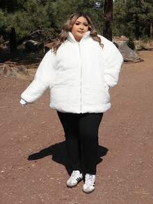 Enliva Melanieangelese Plus Size Women Casual Warm Zip-Up Stand Collar Loose Jacket, Autumn/Winter, For Apple Rounded Body Shape - White - View 7