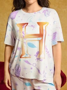 HARRY POTTER X SHEIN Plus Size Letter Print Crew Neck Short Sleeve Top And Pants Pajama Set Plus Size Pajama Set Plus Size Pjs Curve Pajamas Set Curve Pjs Loungewear Plus Size  Fall Clothes For Women Comfortable Drop Shoulder Loose Oversized Home Wear Set - White - View 4