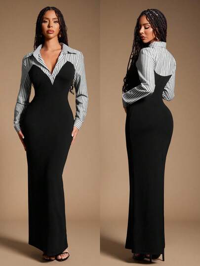 Radiana Plus Size Women's Elegant Unique Black & White Striped 2 In 1 Shirt Dress, Office/Work Attire, Business Casual, Suitable For Commuting, Dates, Gatherings, Casual Outings, Autumn/Winter