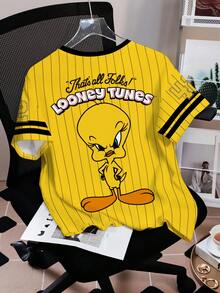 LOONEY TUNES X SHEIN Áo thun tay ngắn họa tiết sọc họa tiết hoạt hình đường phố thời trang thường ngày dành cho nữ, mùa hè - trắng - Xem 2