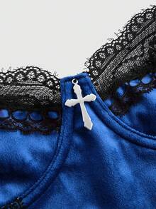 ROMWE Goth Body com aro e decoração de cruz gótica em veludo e renda contrastante - Azul Real - Ver 2
