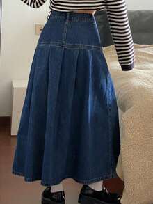 DAZY Women's Casual Washed Pleated Long Denim Skirt - Blue - View 2