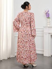 Feyla 大码连衣裙，方领，印花图案，撞色滚边，泡泡袖与腰部相连，宽松版型，适合派对、办公室、机场、通勤、家庭聚会、宴会、商务场合、下午茶等场合。 - 彩色 - 查看 3