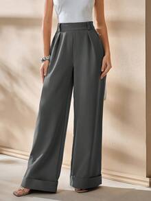 CLARA VERO Women Solid Color High Waist Wide Leg Pants - Dark Grey - View 4