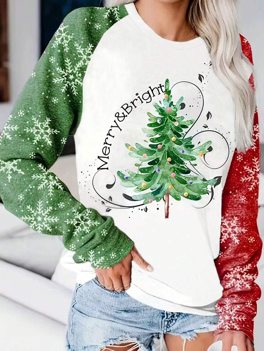 SHEIN LUNE Christmas Tree & Snowflake Print Long Sleeve T-Shirt, Casual Wear For Spring & Autumn - Multicolor - View 1