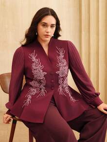 Anewsta Weinrote perlenbestickte elegante romantische taillierte V-Ausschnitt Langarm Jacke in Große Größen - Bordeaux - Übersicht 7