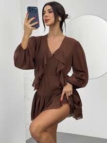 Firerie Spring Ruffle Detail Long Sleeve Mini Dress Elegant Layered Chiffon Fall Winter Holiday Wedding Guest Statement Blouson Sleeve Flowy Feminine Cocktail Party Boho - Brown - View 3