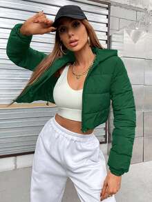 Aveloria Affinna Casual Plain Hooded Cropped Padded Padded Coat, Versatile For Winter Clothes  - Green - View 7
