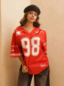Rayane Ketlyn Maglia da baseball da donna in stile vintage, in rete traspirante con grafica a numeri, per primavera/estate, per uscire e per festival - Rosso - Visualizzare 1