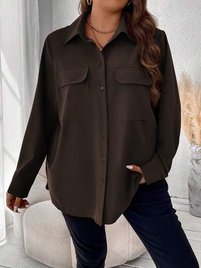 Vionelle Plus Size Women's Solid Color Long Sleeve Single-Breasted Cargo Pocket Casual Shirt Brown Blouses Brown Shirt Women Loose Shirt Oversize Shirt For Women Oversized Blouse
