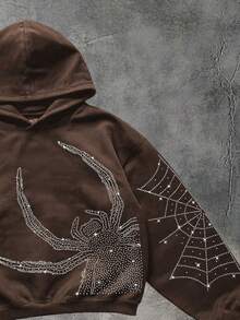 ROMWE MEN Street Life Men's Casual Sparkling Spider Web Diamond Spider Hoodie Sweatshirt, Autumn/Winter, Long Sleeve Top - Brown - View 3