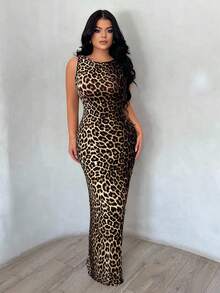 SHEIN SXY Váy dài hở lưng họa tiết da báo thanh lịch gợi cảm dành cho nữ - Nhiều màu - Xem 4