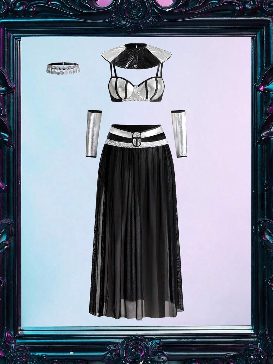 Women's Costume (Bra, Skirt, Shawl, 2pcs Gloves, Headpiece) - Black - View 1