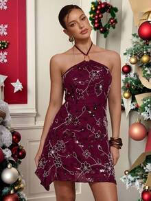 Aloruh Vestido mini de fiesta de chifón púrpura con bordados y cuentas