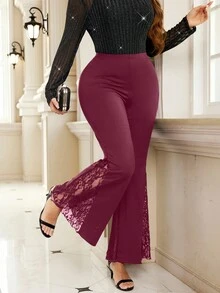 SHEIN Clasi Quần ống loe bó sát phối ren co giãn cỡ lớn màu đen - Màu Đỏ Sâu - Xem 6