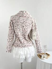 1pc Women's Spring Pink Rabbit Fur Collar Leopard Faux Fur Cinched Waist Long Sleeve Jacket - Pink - View 2
