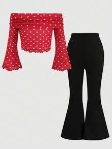 SHEIN Conjunto de Top de Manga Longa Assimétrica com Estampa de Onça e Calça Flare Casual para Meninas, Confortável e Minimalista - Multicolorido - Visão 3