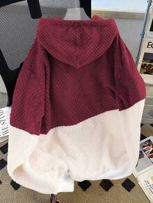 GlowEve 2025 Autumn/Winter Casual Everyday Wear High-End Design Patchwork Contrast Color Hooded Sherpa Fleece Oversized Long Sleeve Sweatshirt, Versatile - Burgundy - View 2