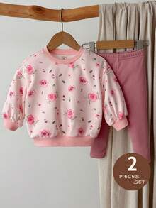 LMoss Kids LMoss 女婴花卉针织圆领休闲卫衣和打底裤两件套，适合日常穿着，长袖上衣，冬季连衣裙，套头衫，舒适的秋冬款式，女婴服装，秋季 - 彩色 - 查看 3