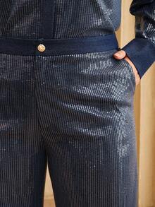 Anewsta Quần ống đứng chắp vá sequin thanh lịch cỡ lớn dành cho nữ, quần công sở quyến rũ - Màu xanh hải quân - Xem 6