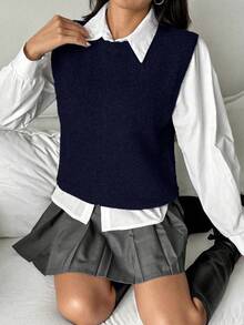 EMERY ROSE 女士纯色圆领休闲宽松针织背心，秋冬 - 藍色 - 查看 6