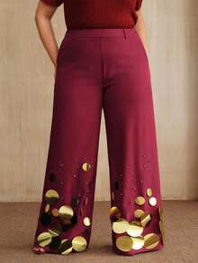 Anewsta Women's Solid Color Fashion Straight Leg Pants With Metallic Sequin Hem Decoration - Burgundy - View 4