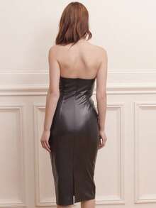 lacRébo Vestido midi con escote palabra de honor de cuero sintético negro, sexy y vintage para fiestas de invierno y Navidad - Negro - Ver 2
