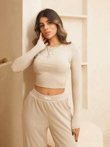 Rayane Ketlyn Áo crop top tay dài thường ngày đi nghỉ sân bay ngày lễ mùa thu trở lại trường mùa thu đông - Màu Khaki - Xem 5