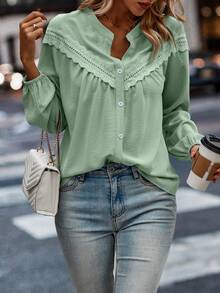 SHEIN LUNE Plus Size Casual Solid Color Lace Trim Blouse - Mint Green - View 3