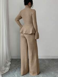 Elenzga 两件套：优雅休闲通勤蓝色立领喇叭袖收腰开衫和直筒针织衫，秋冬款 - 駝色 - 查看 2