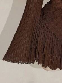 SHEIN ICON Plus Size Women's Autumn/Winter Warm Sexy Hot Retro Millennial Style Y2K Modern Fashion Individual Bohemian Style Western Style Multi-Layered Ruffled V-Neck Flared Sleeve Knitted Textured Fabric Shirt Cake Skirt Brown Suit - Chocolate Brown - View 8