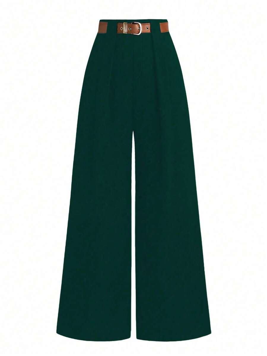 SHEIN PETITE Petite Women Commuter Simple Versatile Fold-Up Pants - Dark Green - View 1