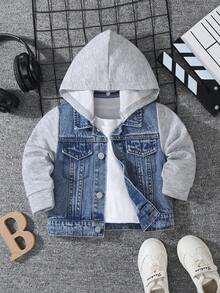 Chaqueta vaquera para niños pequeños, nueva llegada de otoño/invierno, capucha de punto retazos, lavado azul medio vintage, retazos de punto gris jaspeado, chaqueta vaquera con capucha ajustada y abrigo, tela suave y cómoda, versátil para uso diario casual, ropa de abrigo para bebés y niños pequeños - Multicolor - Ver 1