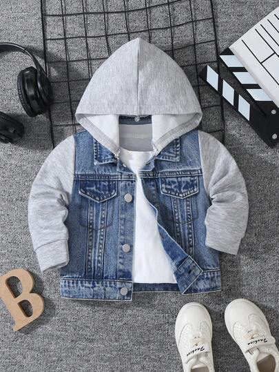 男婴牛仔夹克，秋冬新品，针织连帽衫拼布，复古中度水洗蓝色牛仔布，混纺灰色针织拼布，连帽修身牛仔夹克和外套，柔软舒适的面料，休闲日常百搭，婴幼儿外套