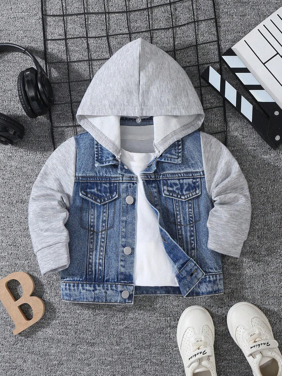 Chaqueta vaquera para niños pequeños, nueva llegada de otoño/invierno, capucha de punto retazos, lavado azul medio vintage, retazos de punto gris jaspeado, chaqueta vaquera con capucha ajustada y abrigo, tela suave y cómoda, versátil para uso diario casual, ropa de abrigo para bebés y niños pequeños - Multicolor - Ver 1