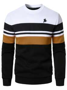 Manfinity Homme Sudadera con cuello redondo de color contrastante para hombres, top de manga larga casual y de moda para hombres, sudadera de rugby de manga larga para hombres, sudadera a rayas de manga larga - Multicolor - Ver 4