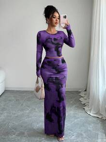 Elenzga Bộ 2 chiếc/Bộ thời trang nữ cổ tròn bó sát thanh lịch họa tiết nhuộm loang dài tay, bộ váy bó sát họa tiết nhuộm loang - Nhiều màu - Xem 4