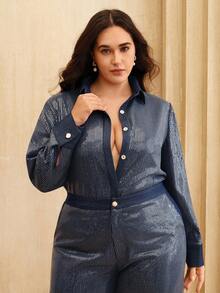 Anewsta Plus Size Women Sequin Patchwork Embroidered Elegant Blouse, Suitable For Party, Work, And Fashionable Occasions - Navy Blue - View 3