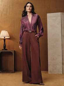 Anewsta Loose Semi-Sheer V-Neck Embroidered Long Sleeve Shirt With Colorful Sequin Detailing, Elegant Office Style For Women - Red Violet - View 7