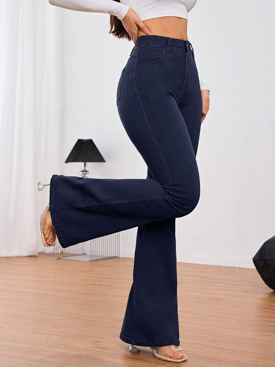 SHEIN Tall 女式高腰口袋休闲百搭喇叭裤 - 寶藍色 - 查看 1