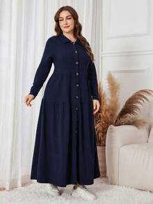 SHEIN Lacomfia Plus Size Women Casual Solid Color Button Front Long Knit Dress, Autumn - Navy Blue - View 5