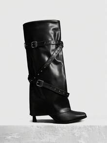 ROMWE Grunge Punk 女士交叉铆钉尖头踝靴 - 黑色 - 查看 3