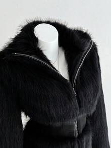 Elamini Brown Faux Fur Patchwork Waist Design Slim Fit Stand Collar Zip-Up Long Sleeve Women Jacket - Black - View 3