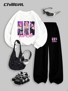 Sparklyn Teenager Mädchen 2-teiliges Set KPOP Idol & Herz Grafik weißer Rundhals Sweatshirt & schwarze Jogginghose Outfit, lässig modisch warmer Sweatshirt, geeignet für Herbst/Winter