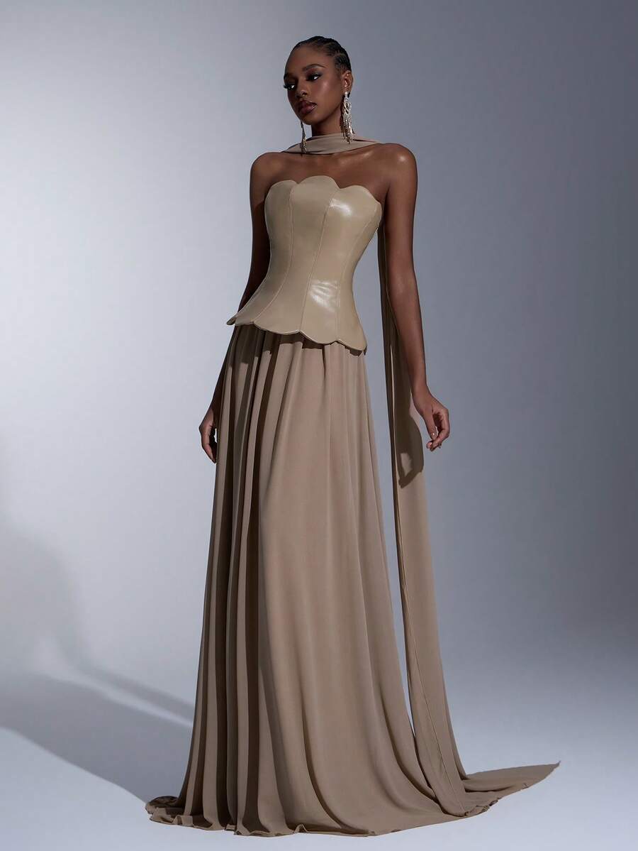 Elitara Thanh lịch, Lãng mạn, Thời trang, Tối giản, Kaki, Da PU, Vải voan chắp vá, Ngày lễ, Kỳ nghỉ, Tiệc sinh nhật, Sự kiện cưới, Đầm dạ hội trang trọng